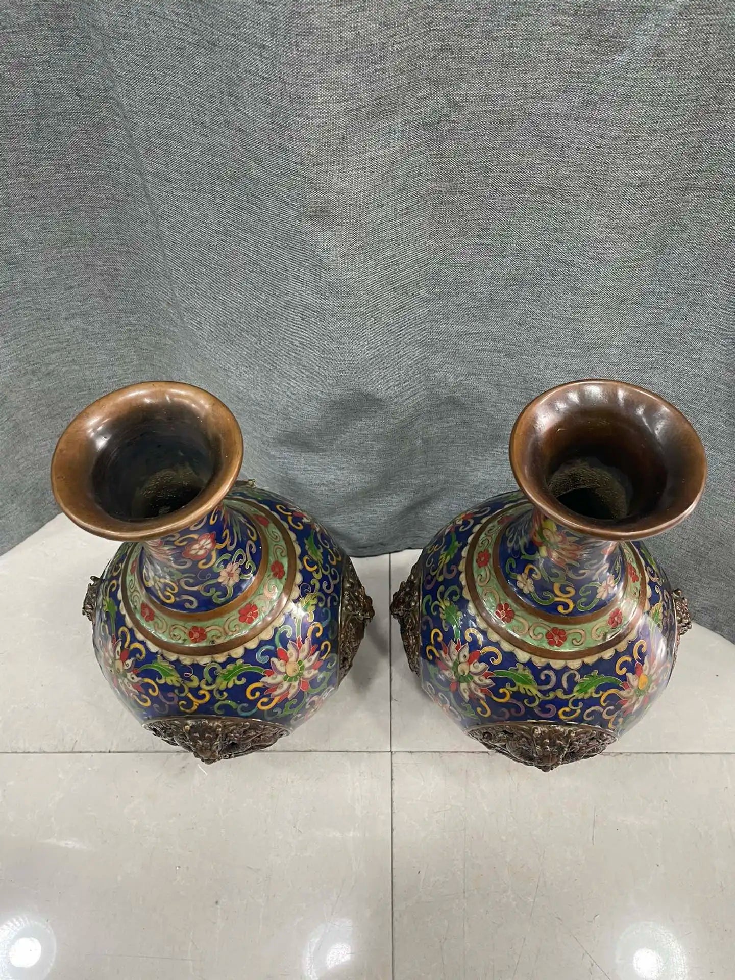 12"Tibetan Temple Collection Old Bronze Cloisonne Enamel Four Dragon Hollow Out Pattern Vase A Pair Big bellied Bottle Ornaments