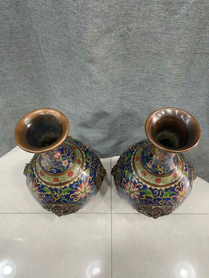 12"Tibetan Temple Collection Old Bronze Cloisonne Enamel Four Dragon Hollow Out Pattern Vase A Pair Big bellied Bottle Ornaments