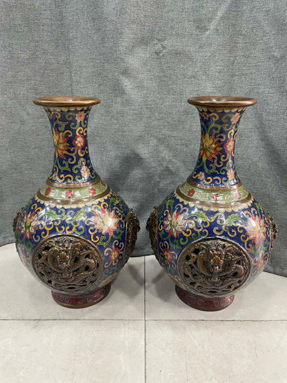 12"Tibetan Temple Collection Old Bronze Cloisonne Enamel Four Dragon Hollow Out Pattern Vase A Pair Big bellied Bottle Ornaments