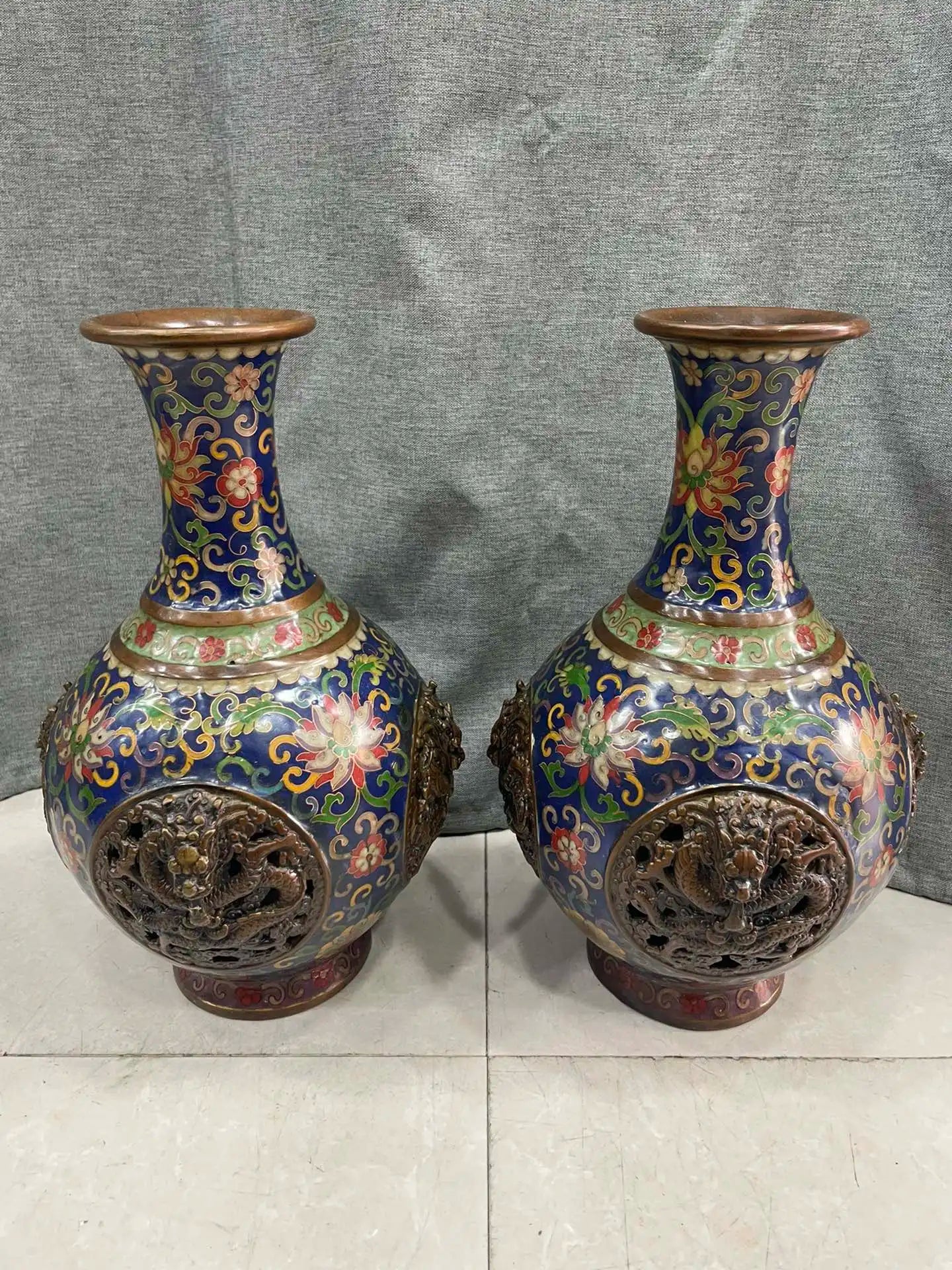 12"Tibetan Temple Collection Old Bronze Cloisonne Enamel Four Dragon Hollow Out Pattern Vase A Pair Big bellied Bottle Ornaments