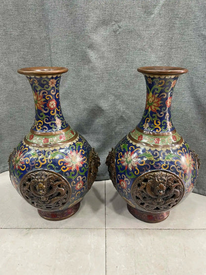 12"Tibetan Temple Collection Old Bronze Cloisonne Enamel Four Dragon Hollow Out Pattern Vase A Pair Big bellied Bottle Ornaments