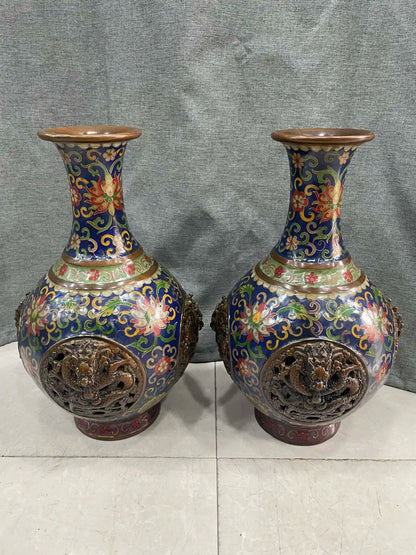 12"Tibetan Temple Collection Old Bronze Cloisonne Enamel Four Dragon Hollow Out Pattern Vase A Pair Big bellied Bottle Ornaments