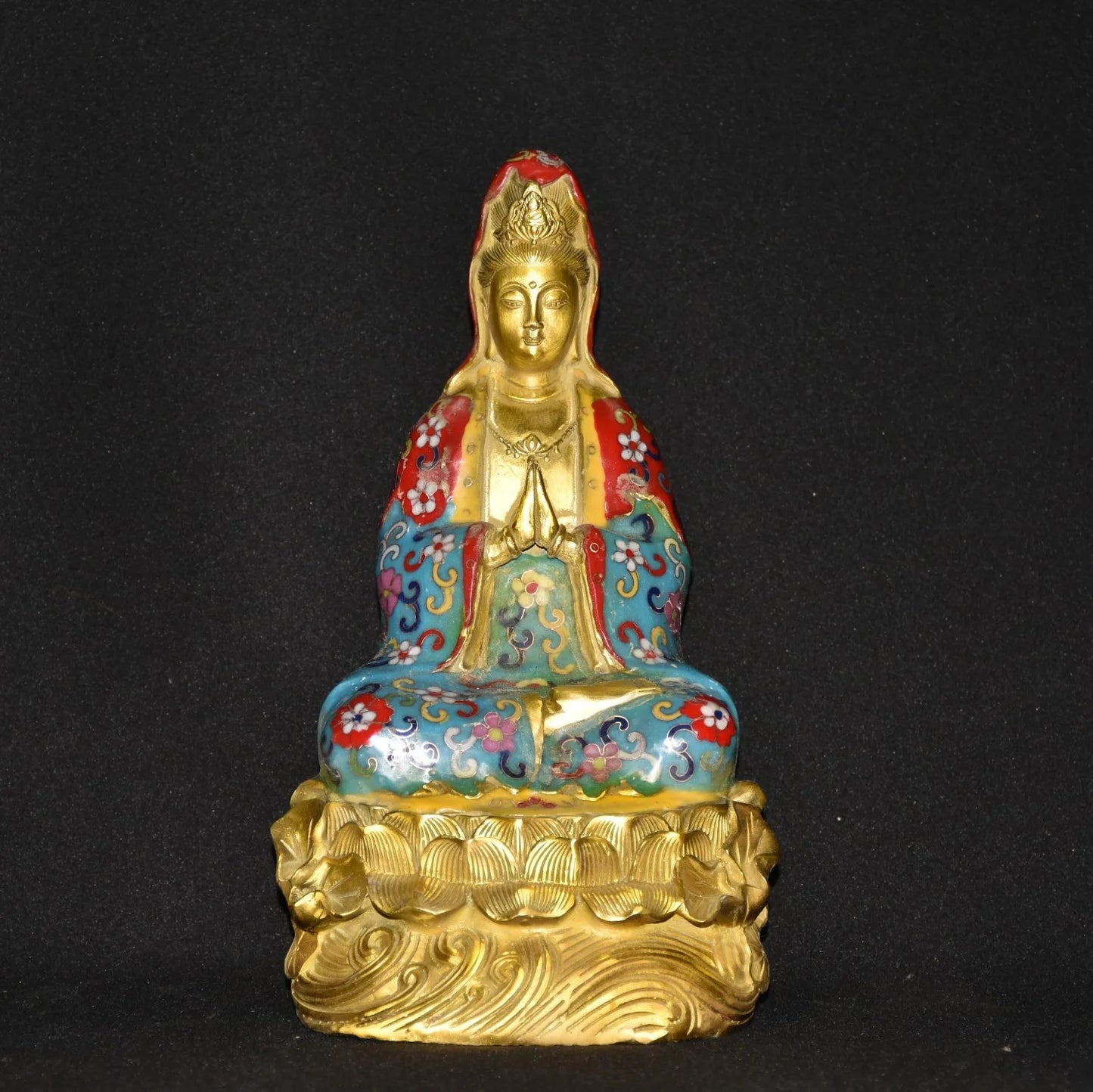12"Tibetan Temple Collection Old Bronze Cloisonne Enamel Guanyin Bodhisattva Buddha Lotus Taiwan worship hall Town House