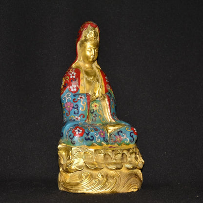 12"Tibetan Temple Collection Old Bronze Cloisonne Enamel Guanyin Bodhisattva Buddha Lotus Taiwan worship hall Town House