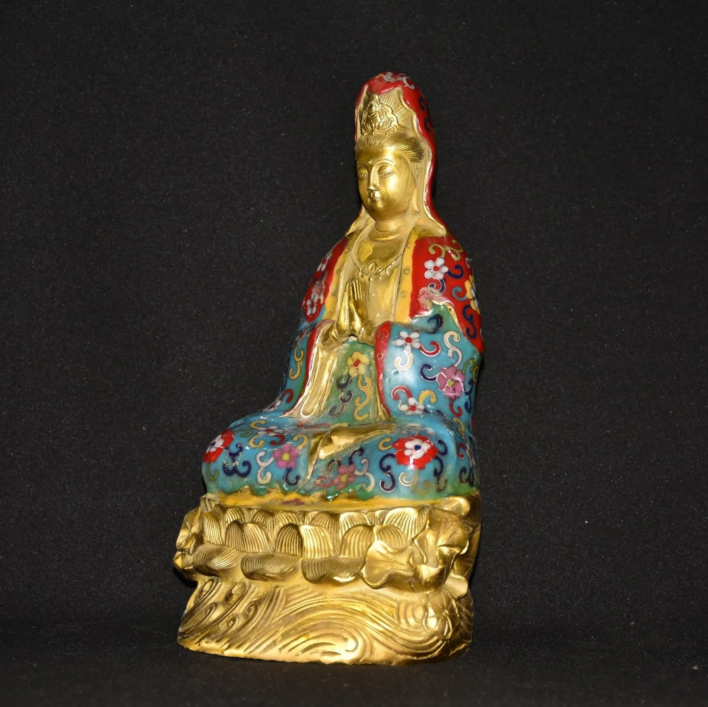 12"Tibetan Temple Collection Old Bronze Cloisonne Enamel Guanyin Bodhisattva Buddha Lotus Taiwan worship hall Town House
