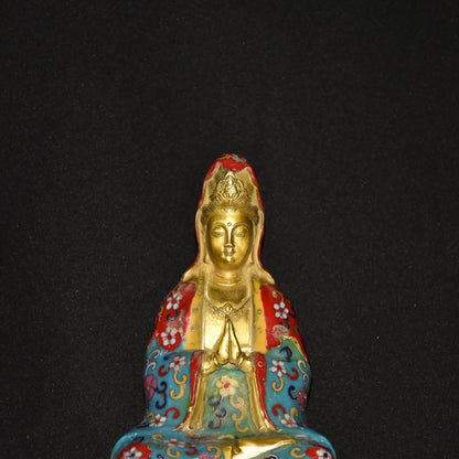 12"Tibetan Temple Collection Old Bronze Cloisonne Enamel Guanyin Bodhisattva Buddha Lotus Taiwan worship hall Town House