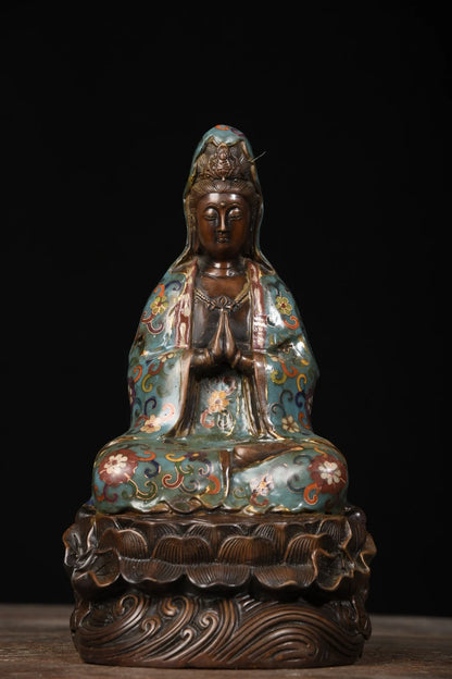 12"Tibetan Temple Collection Old Bronze Cloisonne Enamel Guanyin Bodhisattva Buddha Lotus flower platform Town House Exorcism