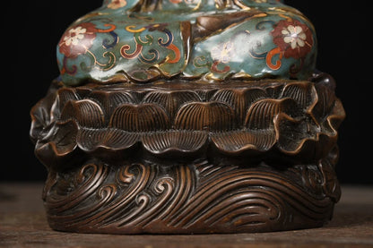 12"Tibetan Temple Collection Old Bronze Cloisonne Enamel Guanyin Bodhisattva Buddha Lotus flower platform Town House Exorcism