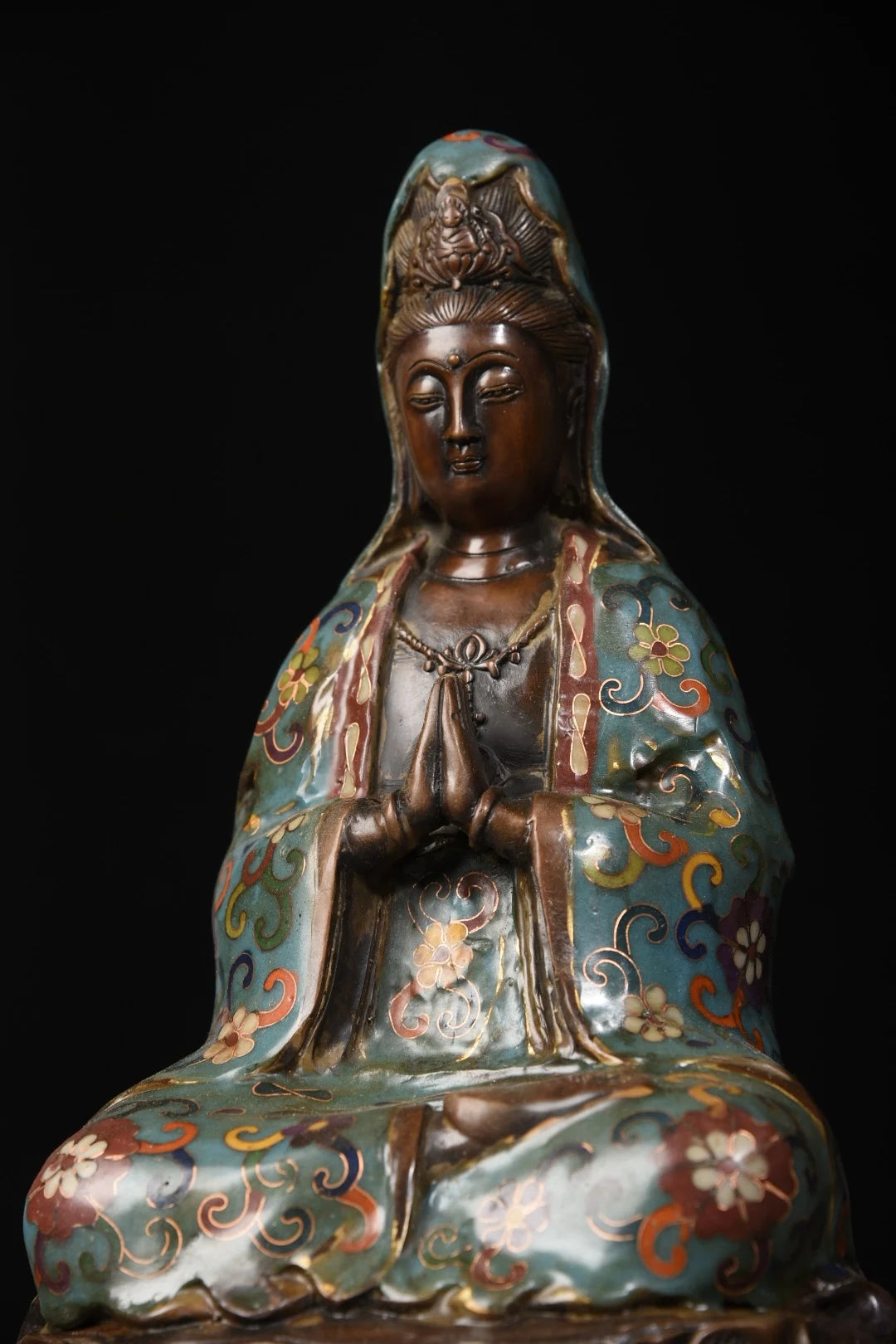 12"Tibetan Temple Collection Old Bronze Cloisonne Enamel Guanyin Bodhisattva Buddha Lotus flower platform Town House Exorcism