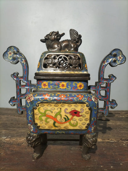 12"Tibetan Temple Collection Old Bronze Cloisonne Enamel lion Ruyi binaural animal head quadruped incense burner Town House