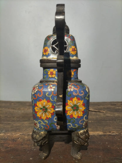 12"Tibetan Temple Collection Old Bronze Cloisonne Enamel lion Ruyi binaural animal head quadruped incense burner Town House