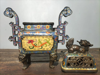 12"Tibetan Temple Collection Old Bronze Cloisonne Enamel lion Ruyi binaural animal head quadruped incense burner Town House