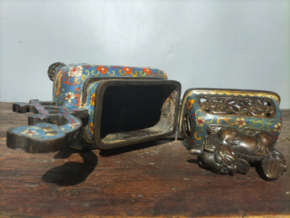 12"Tibetan Temple Collection Old Bronze Cloisonne Enamel lion Ruyi binaural animal head quadruped incense burner Town House