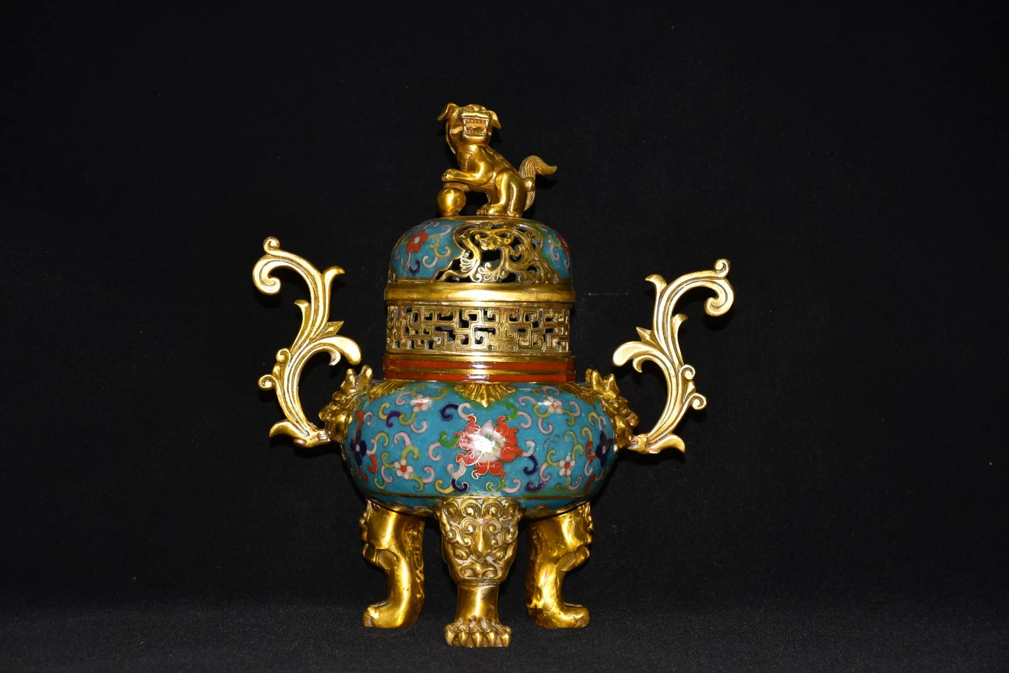 12"Tibetan Temple Collection Old Bronze Cloisonne Gilt lion Phoenix Tail binaural three-legged incense burner ornament