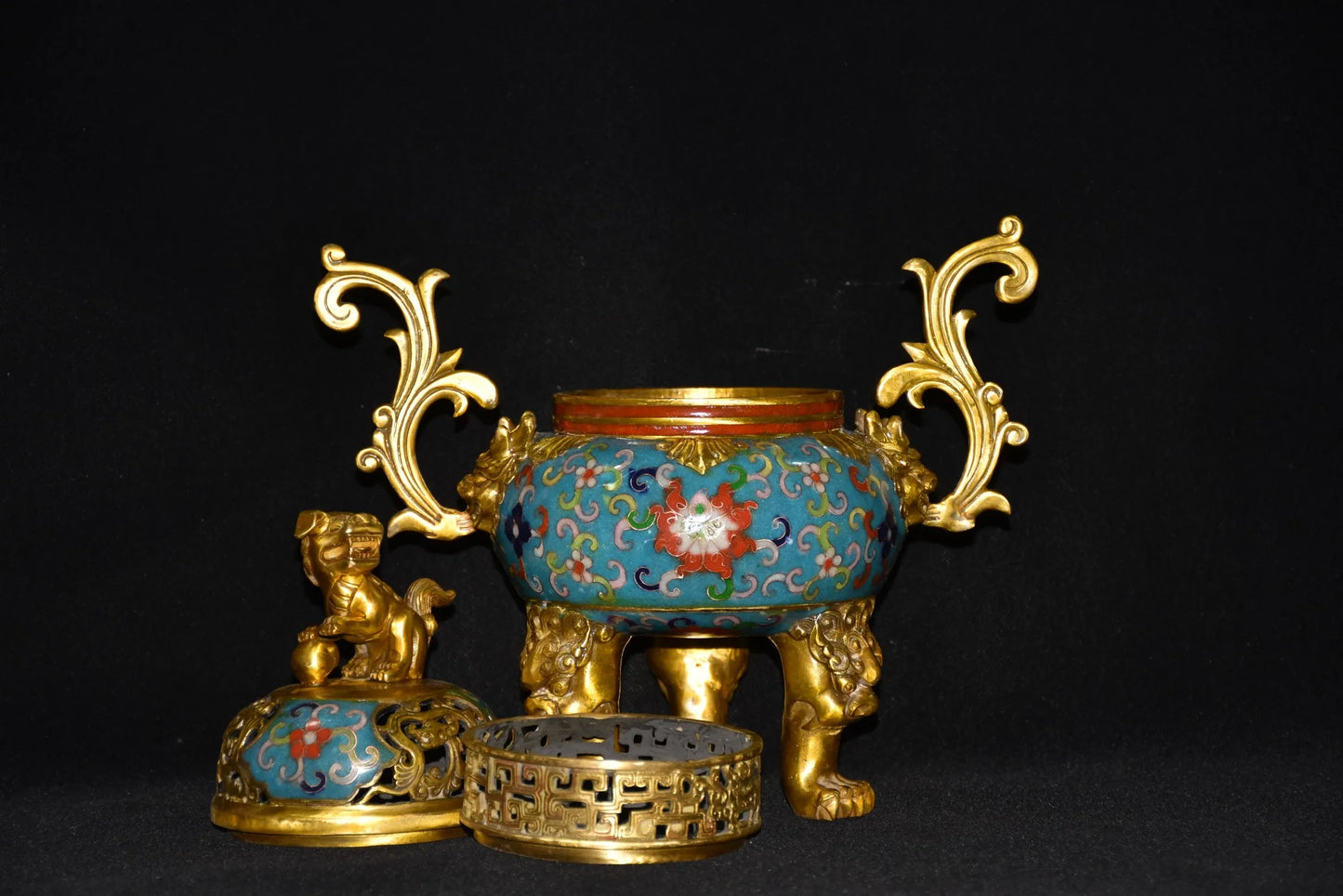 12"Tibetan Temple Collection Old Bronze Cloisonne Gilt lion Phoenix Tail binaural three-legged incense burner ornament