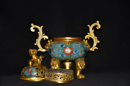 12"Tibetan Temple Collection Old Bronze Cloisonne Gilt lion Phoenix Tail binaural three-legged incense burner ornament