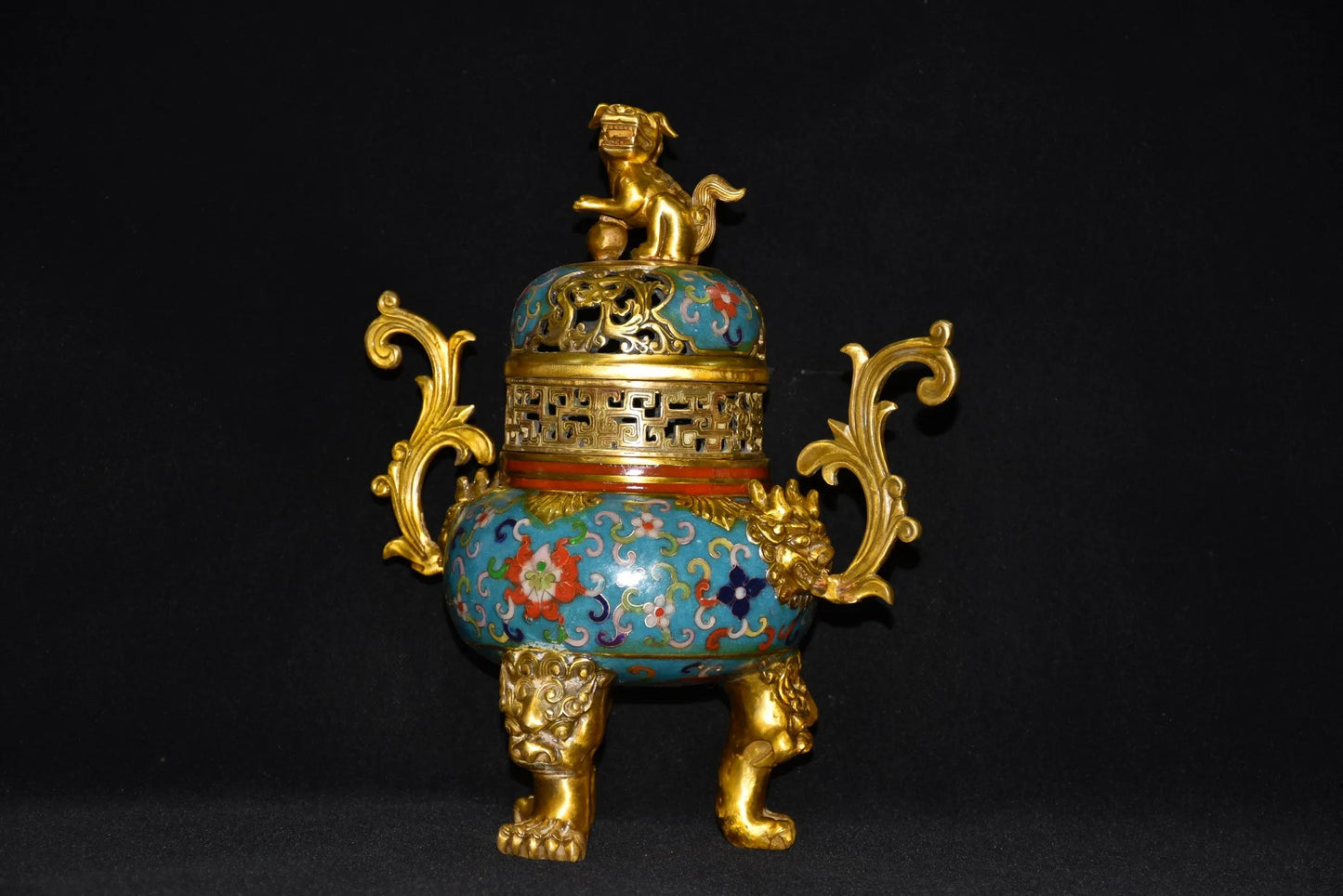 12"Tibetan Temple Collection Old Bronze Cloisonne Gilt lion Phoenix Tail binaural three-legged incense burner ornament