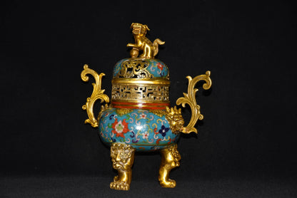 12"Tibetan Temple Collection Old Bronze Cloisonne Gilt lion Phoenix Tail binaural three-legged incense burner ornament