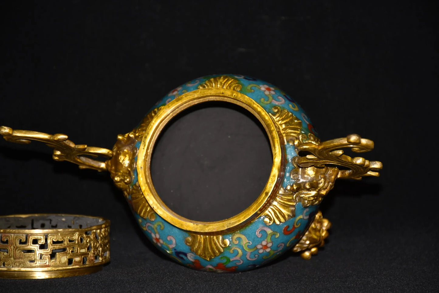 12"Tibetan Temple Collection Old Bronze Cloisonne Gilt lion Phoenix Tail binaural three-legged incense burner ornament