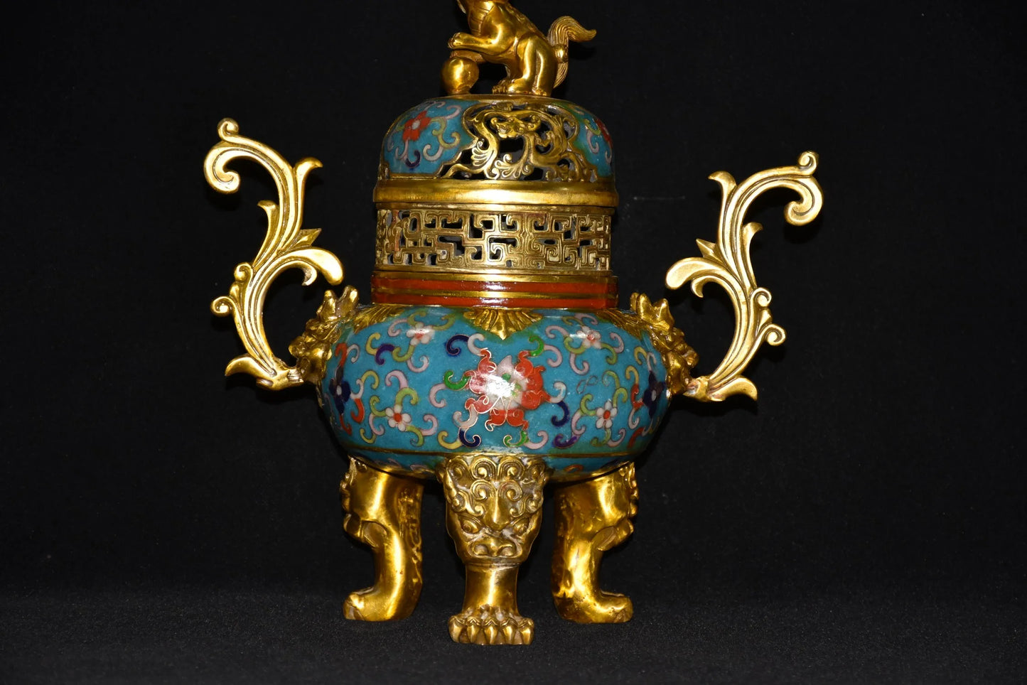 12"Tibetan Temple Collection Old Bronze Cloisonne Gilt lion Phoenix Tail binaural three-legged incense burner ornament