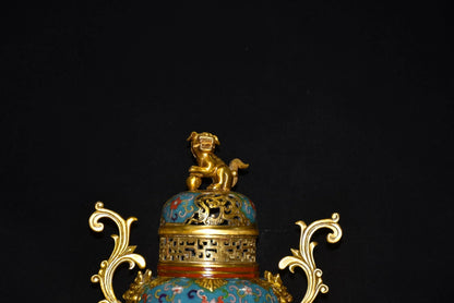 12"Tibetan Temple Collection Old Bronze Cloisonne Gilt lion Phoenix Tail binaural three-legged incense burner ornament