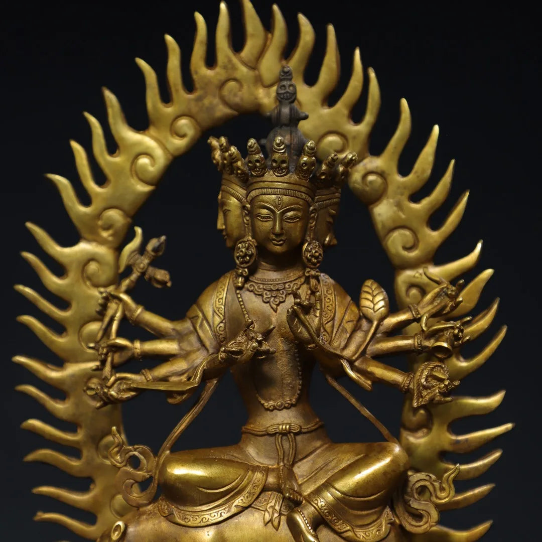 12"Tibetan Temple Collection Old Bronze Gilded Cinnabar Marici Moritz sky Guangming Buddha Mother Worship Hall Town house