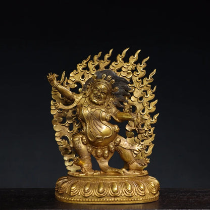 12"Tibetan Temple Collection Old Bronze Gilded Cinnabar Vajrapani Bodhisattva Buddha Backlight Lotus Platform Worship Hall