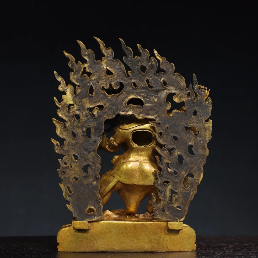 12"Tibetan Temple Collection Old Bronze Gilded Cinnabar Vajrapani Bodhisattva Buddha Backlight Lotus Platform Worship Hall