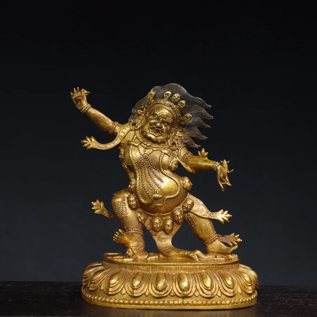 12"Tibetan Temple Collection Old Bronze Gilded Cinnabar Vajrapani Bodhisattva Buddha Backlight Lotus Platform Worship Hall