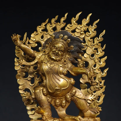 12"Tibetan Temple Collection Old Bronze Gilded Cinnabar Vajrapani Bodhisattva Buddha Backlight Lotus Platform Worship Hall