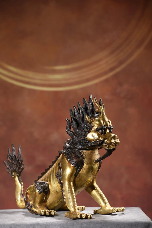 12"Tibetan Temple Collection Old Bronze Gilded fire Kylin Statue Divine Beast Unicorn Amass wealth Ornaments Town house Exorcism