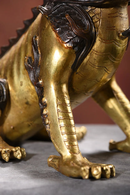12"Tibetan Temple Collection Old Bronze Gilded fire Kylin Statue Divine Beast Unicorn Amass wealth Ornaments Town house Exorcism
