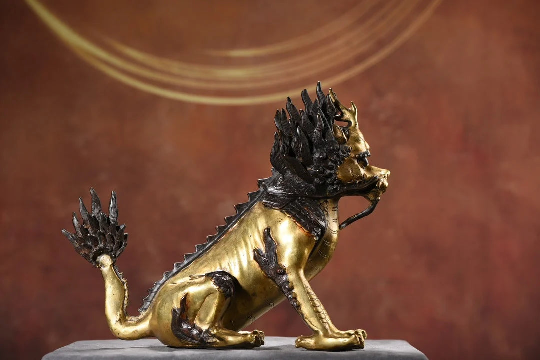 12"Tibetan Temple Collection Old Bronze Gilded fire Kylin Statue Divine Beast Unicorn Amass wealth Ornaments Town house Exorcism