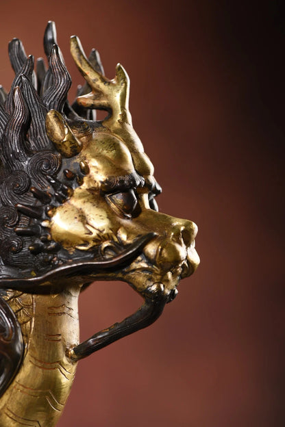 12"Tibetan Temple Collection Old Bronze Gilded fire Kylin Statue Divine Beast Unicorn Amass wealth Ornaments Town house Exorcism