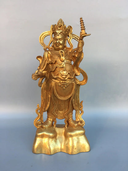 12"Tibetan Temple Collection Old Bronze Gilt Tota Li Tianwang Li Jing Standing Buddha Enshrine the Buddha Ornaments Town House