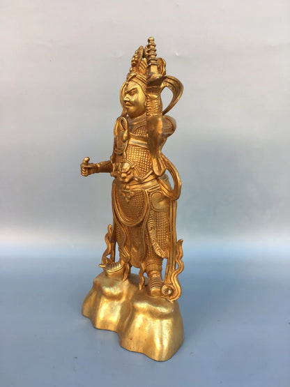 12"Tibetan Temple Collection Old Bronze Gilt Tota Li Tianwang Li Jing Standing Buddha Enshrine the Buddha Ornaments Town House
