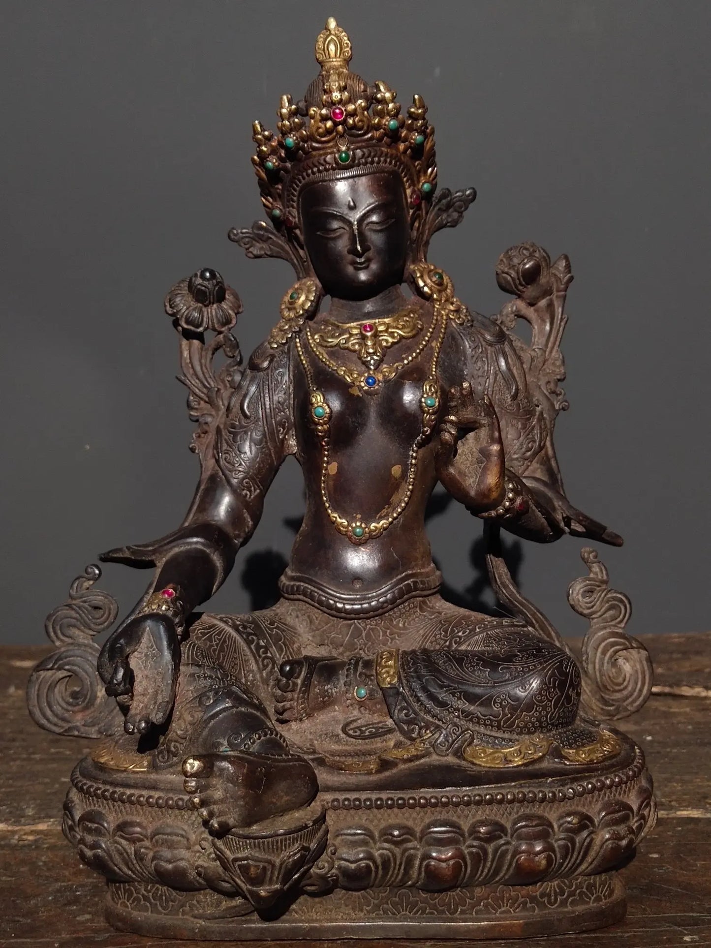 12"Tibetan Temple Collection Old Bronze Mosaic Gem Green Tara Bodhisattva Sitting Buddha Lotus Platform Worship Hall Town House