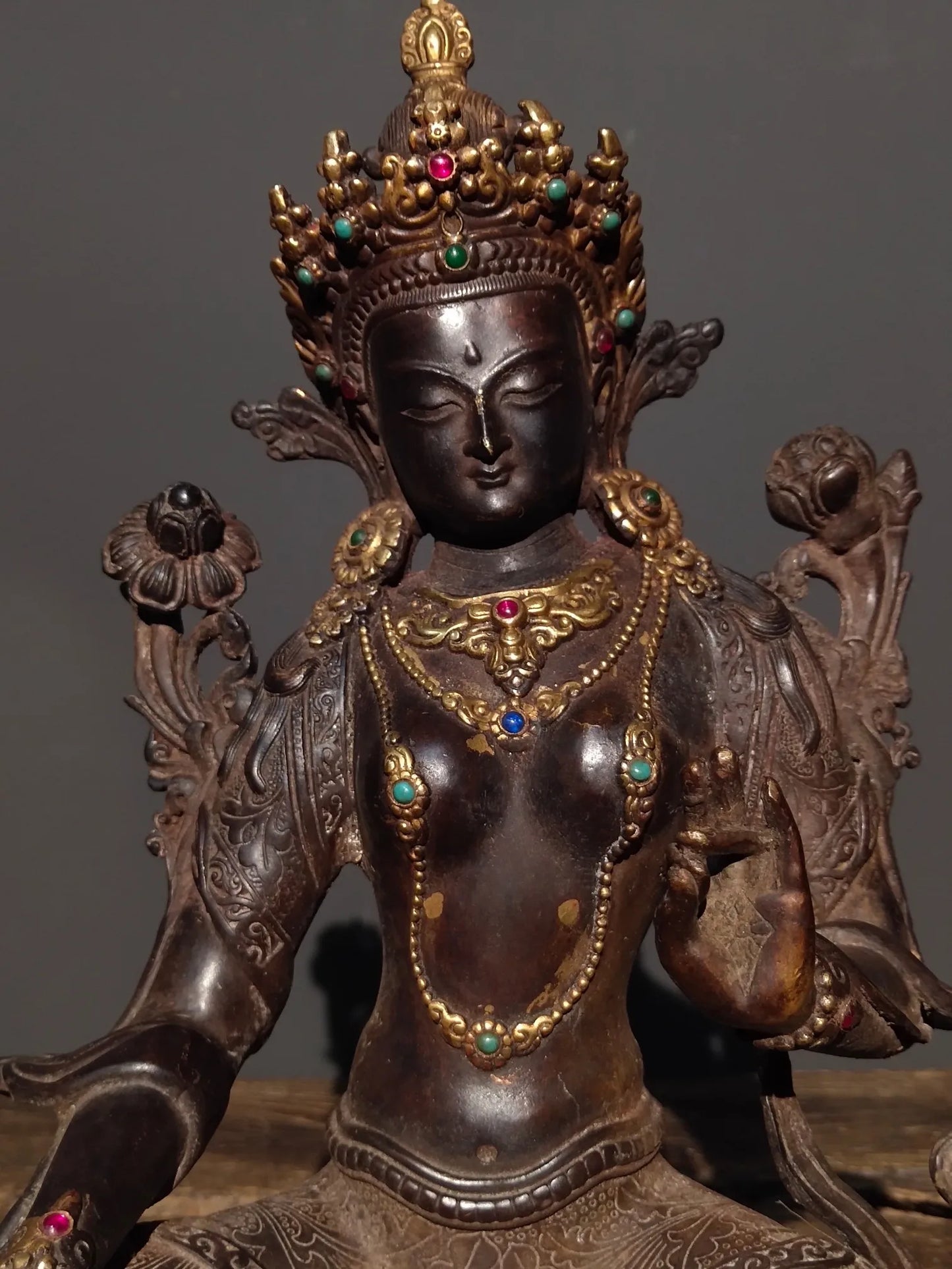 12"Tibetan Temple Collection Old Bronze Mosaic Gem Green Tara Bodhisattva Sitting Buddha Lotus Platform Worship Hall Town House