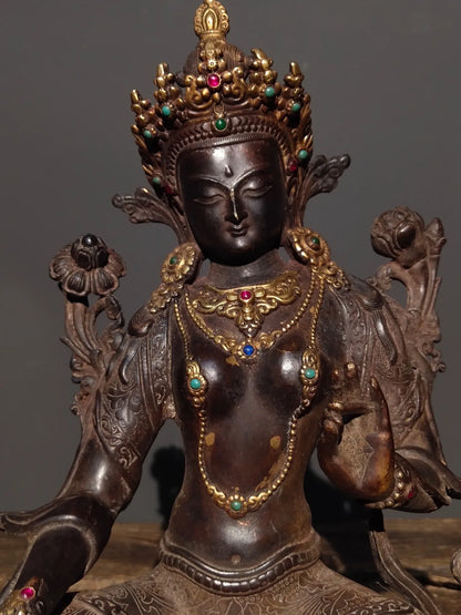 12"Tibetan Temple Collection Old Bronze Mosaic Gem Green Tara Bodhisattva Sitting Buddha Lotus Platform Worship Hall Town House