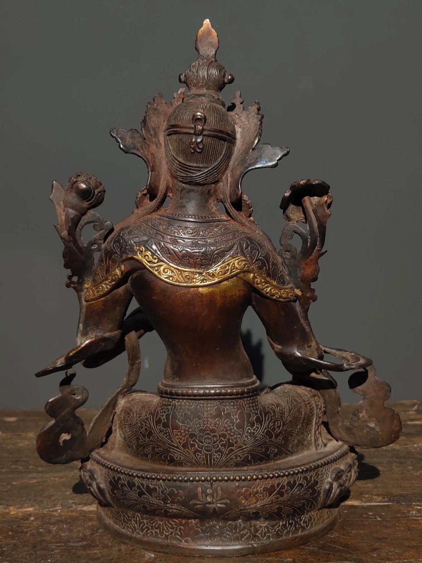 12"Tibetan Temple Collection Old Bronze Mosaic Gem Green Tara Bodhisattva Sitting Buddha Lotus Platform Worship Hall Town House