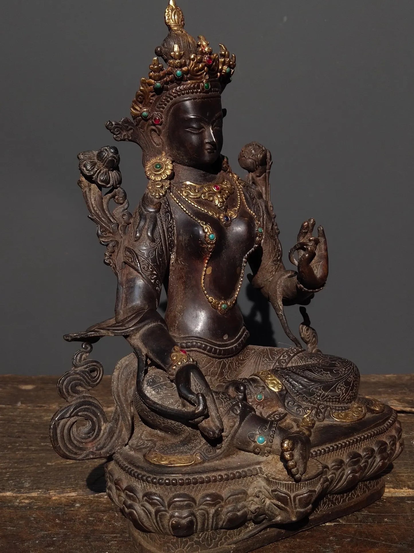 12"Tibetan Temple Collection Old Bronze Mosaic Gem Green Tara Bodhisattva Sitting Buddha Lotus Platform Worship Hall Town House