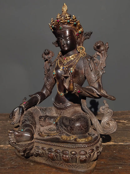 12"Tibetan Temple Collection Old Bronze Mosaic Gem Green Tara Bodhisattva Sitting Buddha Lotus Platform Worship Hall Town House