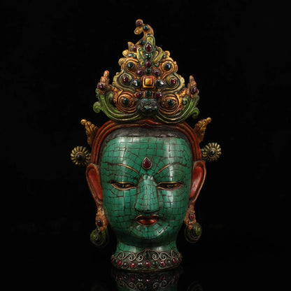 12"Tibetan Temple Collection Old Bronze Outline in gold Mosaic Gem Turquoise Green Tara Buddha Head Phoenix Crown Worship Hall