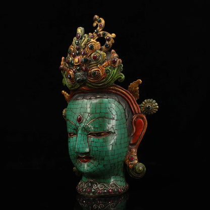 12"Tibetan Temple Collection Old Bronze Outline in gold Mosaic Gem Turquoise Green Tara Buddha Head Phoenix Crown Worship Hall