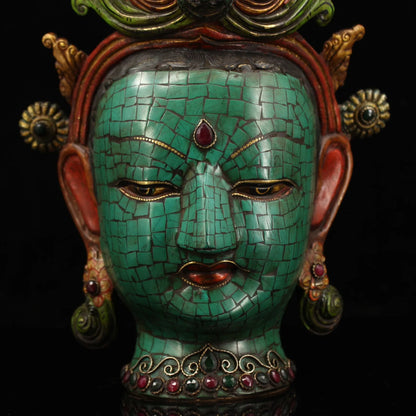 12"Tibetan Temple Collection Old Bronze Outline in gold Mosaic Gem Turquoise Green Tara Buddha Head Phoenix Crown Worship Hall