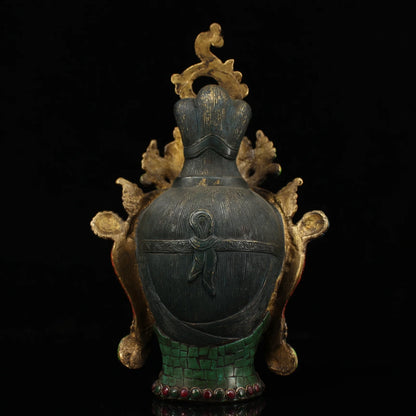 12"Tibetan Temple Collection Old Bronze Outline in gold Mosaic Gem Turquoise Green Tara Buddha Head Phoenix Crown Worship Hall