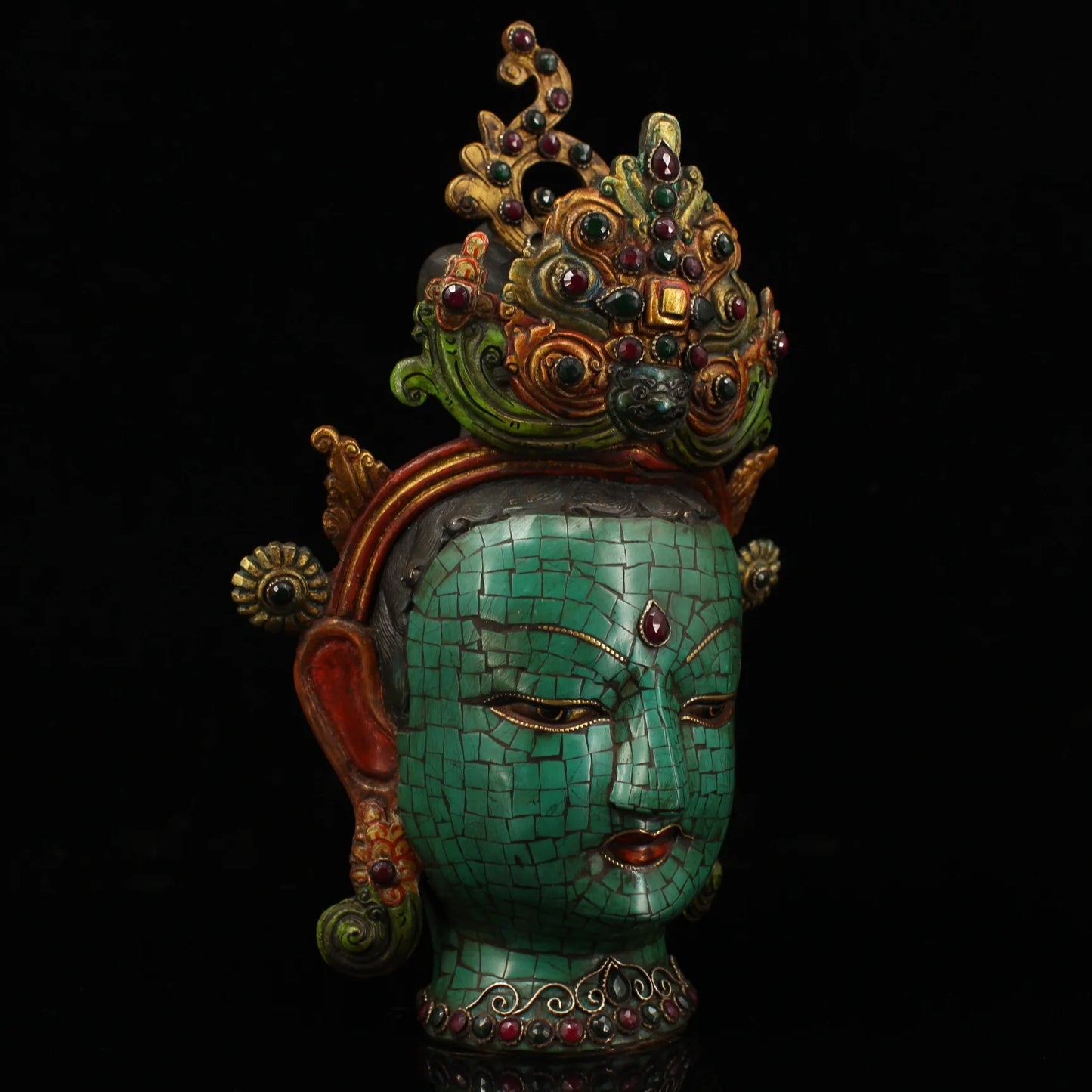 12"Tibetan Temple Collection Old Bronze Outline in gold Mosaic Gem Turquoise Green Tara Buddha Head Phoenix Crown Worship Hall
