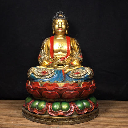 12"Tibetan Temple Collection Old Bronze Painted Amitabha Shakyamuni Sitting Buddha Double Lotus Platform Worship Hall Town house