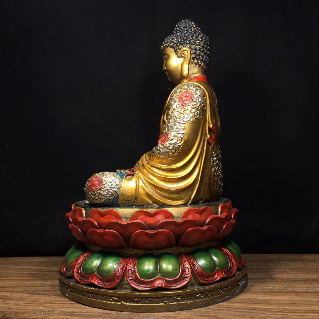 12"Tibetan Temple Collection Old Bronze Painted Amitabha Shakyamuni Sitting Buddha Double Lotus Platform Worship Hall Town house