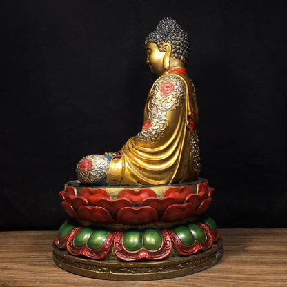 12"Tibetan Temple Collection Old Bronze Painted Amitabha Shakyamuni Sitting Buddha Double Lotus Platform Worship Hall Town house